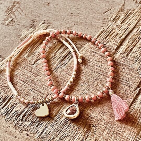 Duo de Bracelets Corail & Doré – Pampille, Médaille petit Cœur