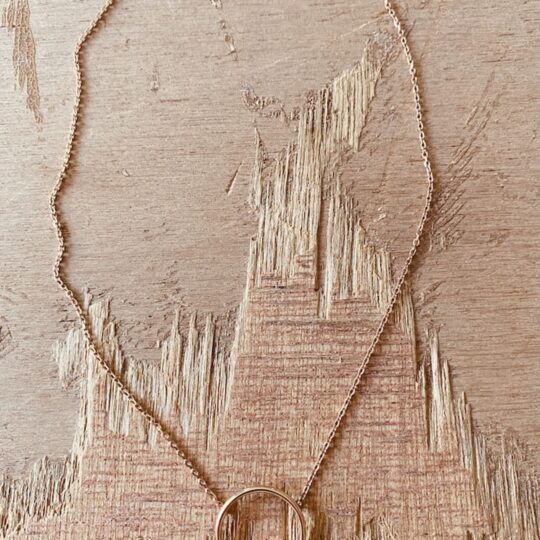 Collier chaîne fine dorée avec pendentif cercle et demi-lune de pierre noire veinée de blanc, posé sur bois, Calina